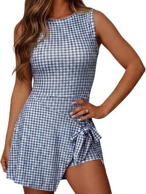 Blue Gingham Tie-Waist Sleeveless Romper